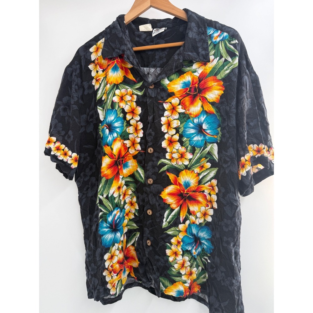 Vintage 90s Kennington Ltd Hawaiian Shirt Men XL Black Rayon Hibiscus Floral